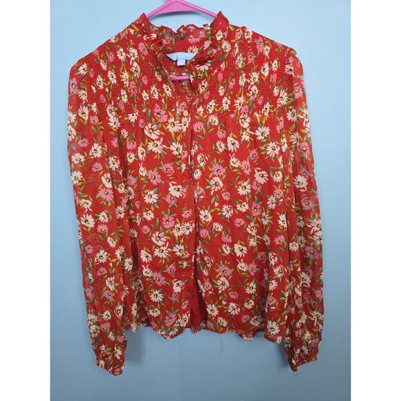 Medium Draper James RSVP Womens Shirt Long Sleeve Smocked Neck Top Red Floral - Picture 1 of 4
